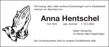 Traueranzeige von Anna Hentschel von Pegnitz-Zeitung