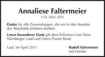 Traueranzeige von Annaliese Faltermeier von Pegnitz-Zeitung