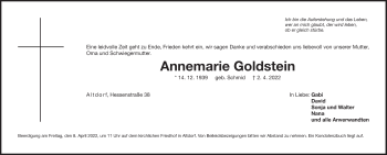 Traueranzeige von Annemarie Goldstein von Der Bote