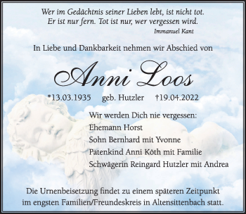 Traueranzeige von Anni Loos von Hersbrucker Zeitung