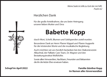 Traueranzeige von Babette Kopp von Hersbrucker Zeitung