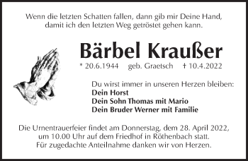 Traueranzeige von Bärbel Kraußer von Pegnitz-Zeitung