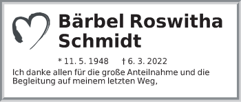 Traueranzeige von Bärbel Roswitha Schmidt von Hersbrucker Zeitung