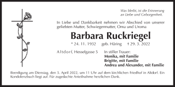Traueranzeige von Barbara Ruckriegel von Der Bote