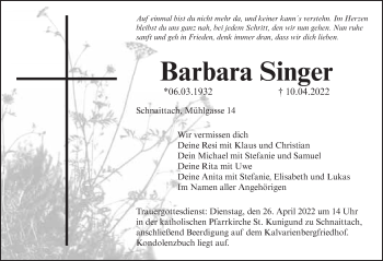 Traueranzeige von Barbara Singer von Pegnitz-Zeitung
