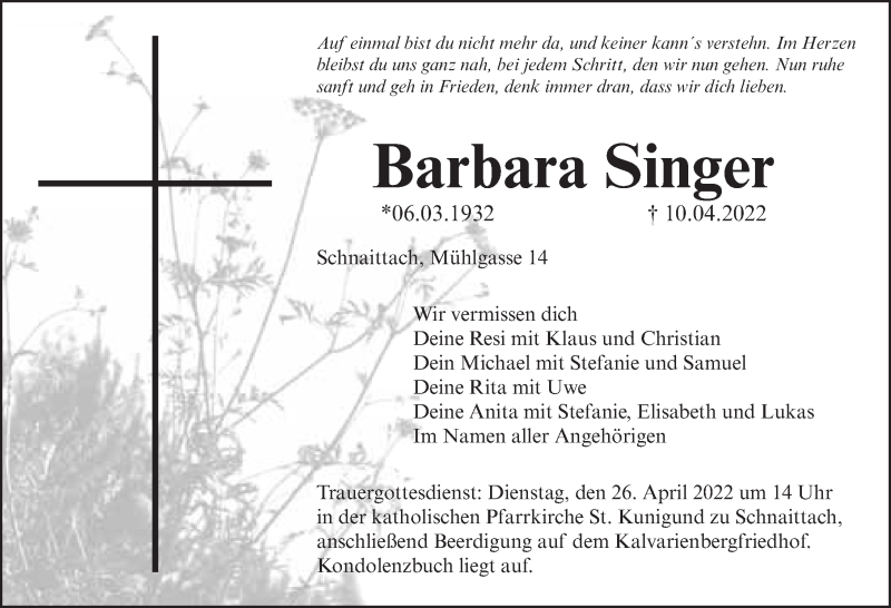  Traueranzeige für Barbara Singer vom 16.04.2022 aus Pegnitz-Zeitung