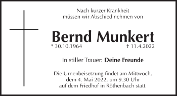 Traueranzeige von Bernd Munkert von Pegnitz-Zeitung