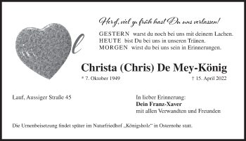 Traueranzeige von Christa De Mey-König von Pegnitz-Zeitung