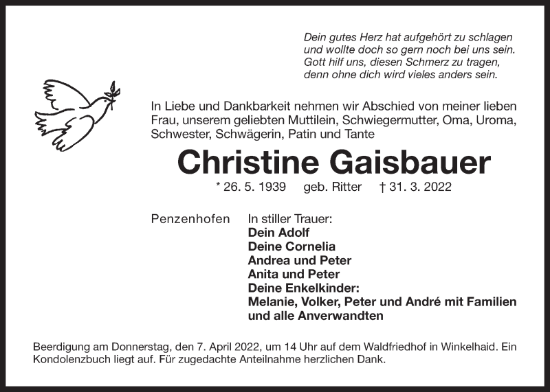  Traueranzeige für Christine Gaisbauer vom 05.04.2022 aus Der Bote