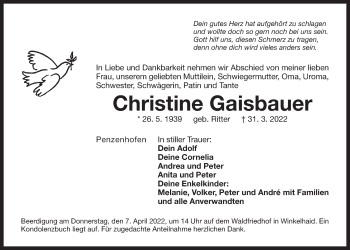 Traueranzeige von Christine Gaisbauer von Der Bote