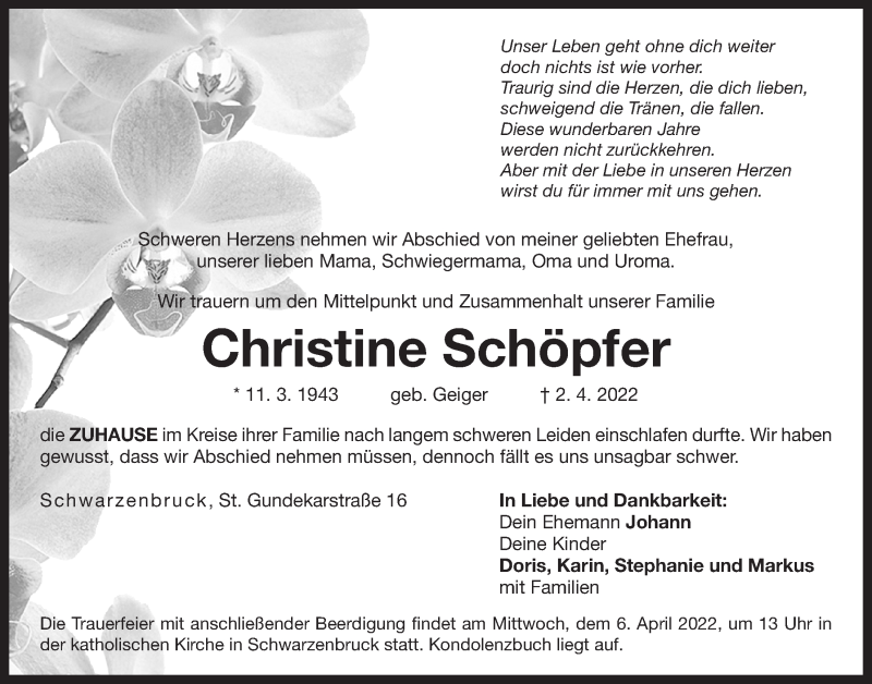  Traueranzeige für Christine Schöpfer vom 05.04.2022 aus Der Bote