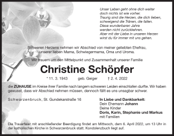 Traueranzeige von Christine Schöpfer von Der Bote