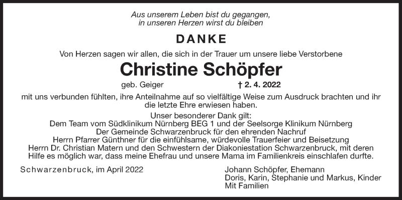  Traueranzeige für Christine Schöpfer vom 16.04.2022 aus Der Bote