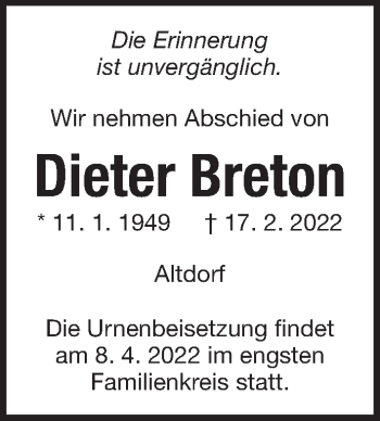 Traueranzeige von Dieter Breton von Der Bote
