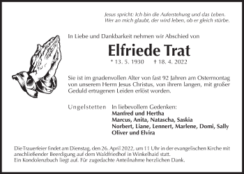 Traueranzeige von Elfriede Trat von Der Bote