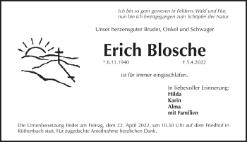 Traueranzeige von Erich Blosche von Pegnitz-Zeitung
