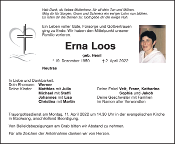 Traueranzeige von Erna Loos von Hersbrucker Zeitung