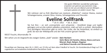 Traueranzeige von Eveline Sollfrank von Der Bote