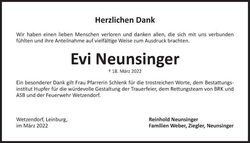  Traueranzeige für Evi Neunsinger vom 02.04.2022 aus Der Bote