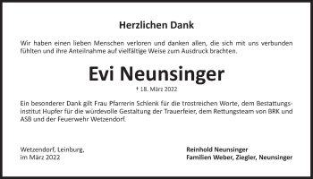 Traueranzeige von Evi Neunsinger von Der Bote