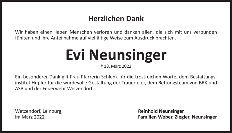  Traueranzeige für Evi Neunsinger vom 02.04.2022 aus Pegnitz-Zeitung