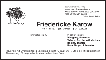 Traueranzeige von Friedericke Karow von Der Bote