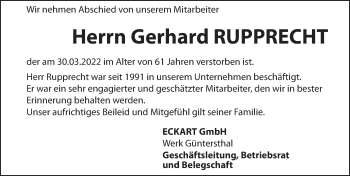 Traueranzeige von Gerhard Rupprecht von Hersbrucker Zeitung
