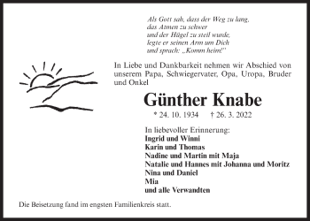 Traueranzeige von Günther Knabe von Der Bote