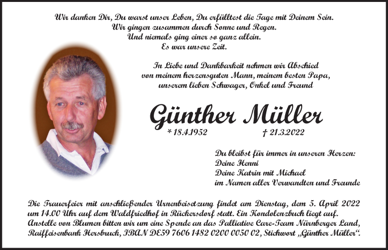  Traueranzeige für Günther Müller vom 02.04.2022 aus Pegnitz-Zeitung