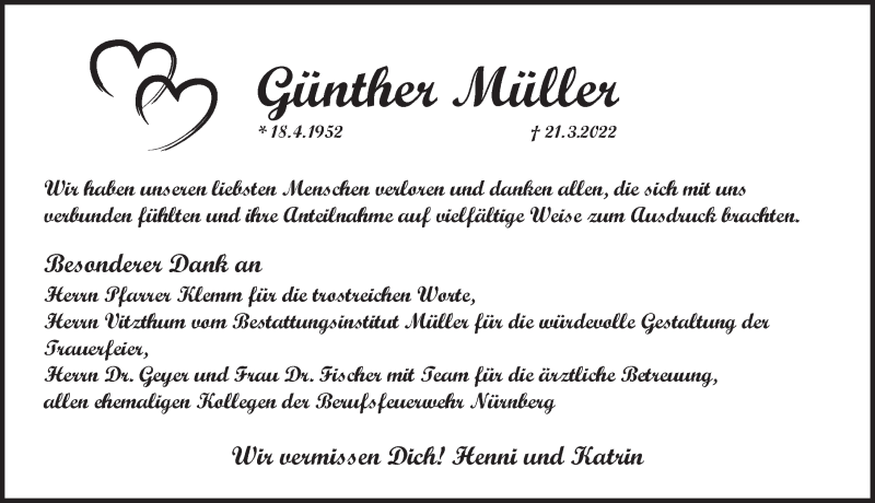  Traueranzeige für Günther Müller vom 09.04.2022 aus Pegnitz-Zeitung
