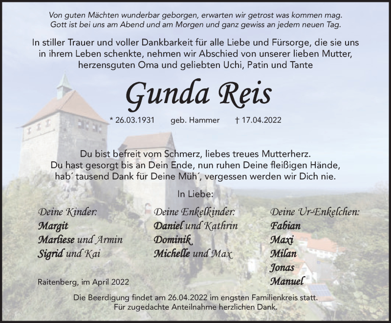  Traueranzeige für Gunda Reis vom 23.04.2022 aus Hersbrucker Zeitung