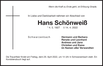 Traueranzeige von Hans Schönweiß von Der Bote