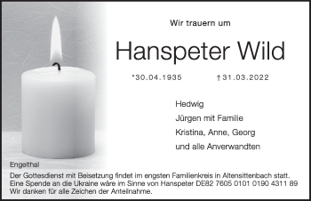 Traueranzeige von Hanspeter Wild von Hersbrucker Zeitung