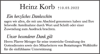 Traueranzeige von Heinz Korb von Hersbrucker Zeitung