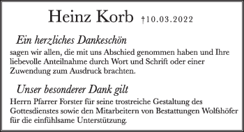 Traueranzeige von Heinz Korb von Hersbrucker Zeitung