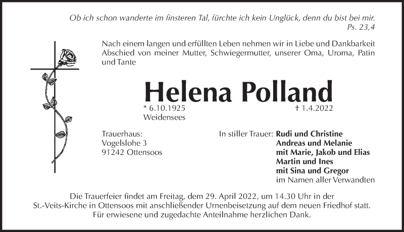  Traueranzeige für Helena Polland vom 23.04.2022 aus Pegnitz-Zeitung