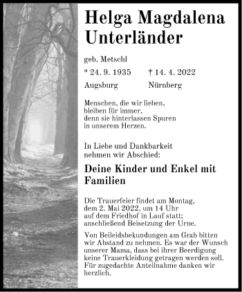 Traueranzeige von Helga Magdalena Unterländer von Pegnitz-Zeitung