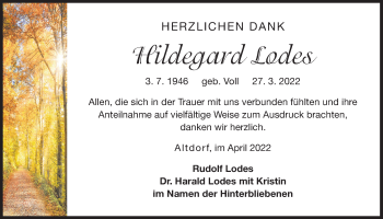 Traueranzeige von Hildegard Lodes von Der Bote