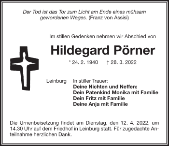 Traueranzeige von Hildegard Pörner von Der Bote