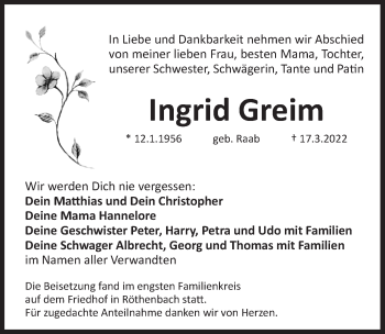 Traueranzeige von Ingrid Greim von Pegnitz-Zeitung