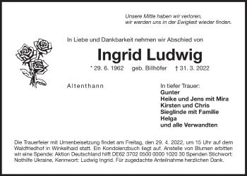 Traueranzeige von Ingrid Ludwig von Der Bote