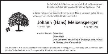 Traueranzeige von Johann Meixensperger von Pegnitz-Zeitung