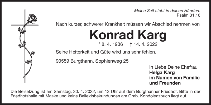  Traueranzeige für Konrad Karg vom 27.04.2022 aus Der Bote