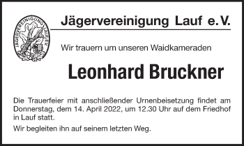 Traueranzeige von Leonhard Bruckner von Pegnitz-Zeitung