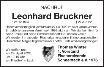 Traueranzeige von Leonhard Bruckner von Pegnitz-Zeitung