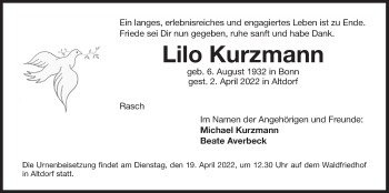 Traueranzeige von Lilo Kurzmann von Der Bote