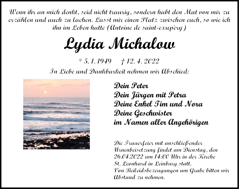  Traueranzeige für Lydia Michalow vom 22.04.2022 aus Der Bote