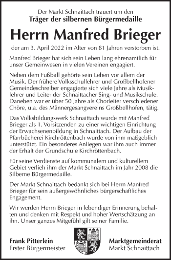 Traueranzeige von Manfred Brieger von Pegnitz-Zeitung