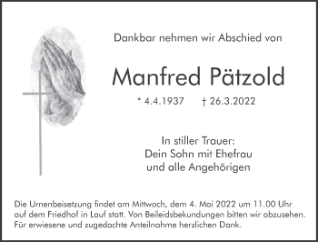 Traueranzeige von Manfred Pätzold von Pegnitz-Zeitung