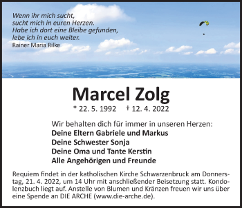 Traueranzeige von Marcel Zolg von Der Bote